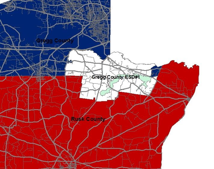 A map showing Gregg county esd 1 coverage area