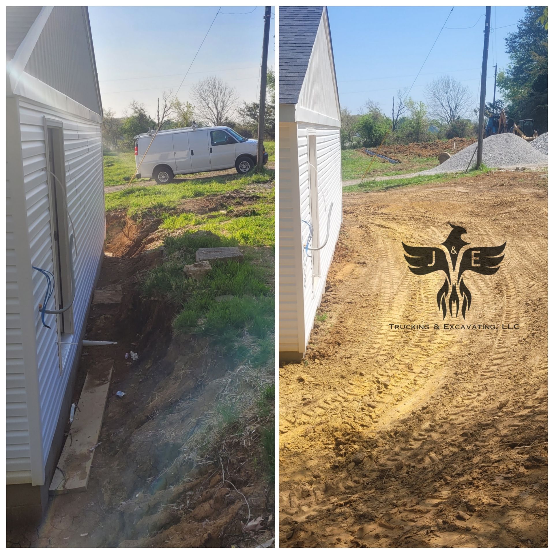 Before-and-after view of a house side yard transformed from muddy dirt to a graded gravel path.