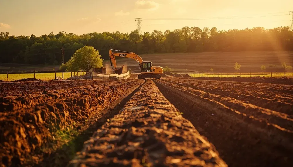 Sunlit farm field with a tractor plowing soil at sunrise, rows leading toward a tree line and small house