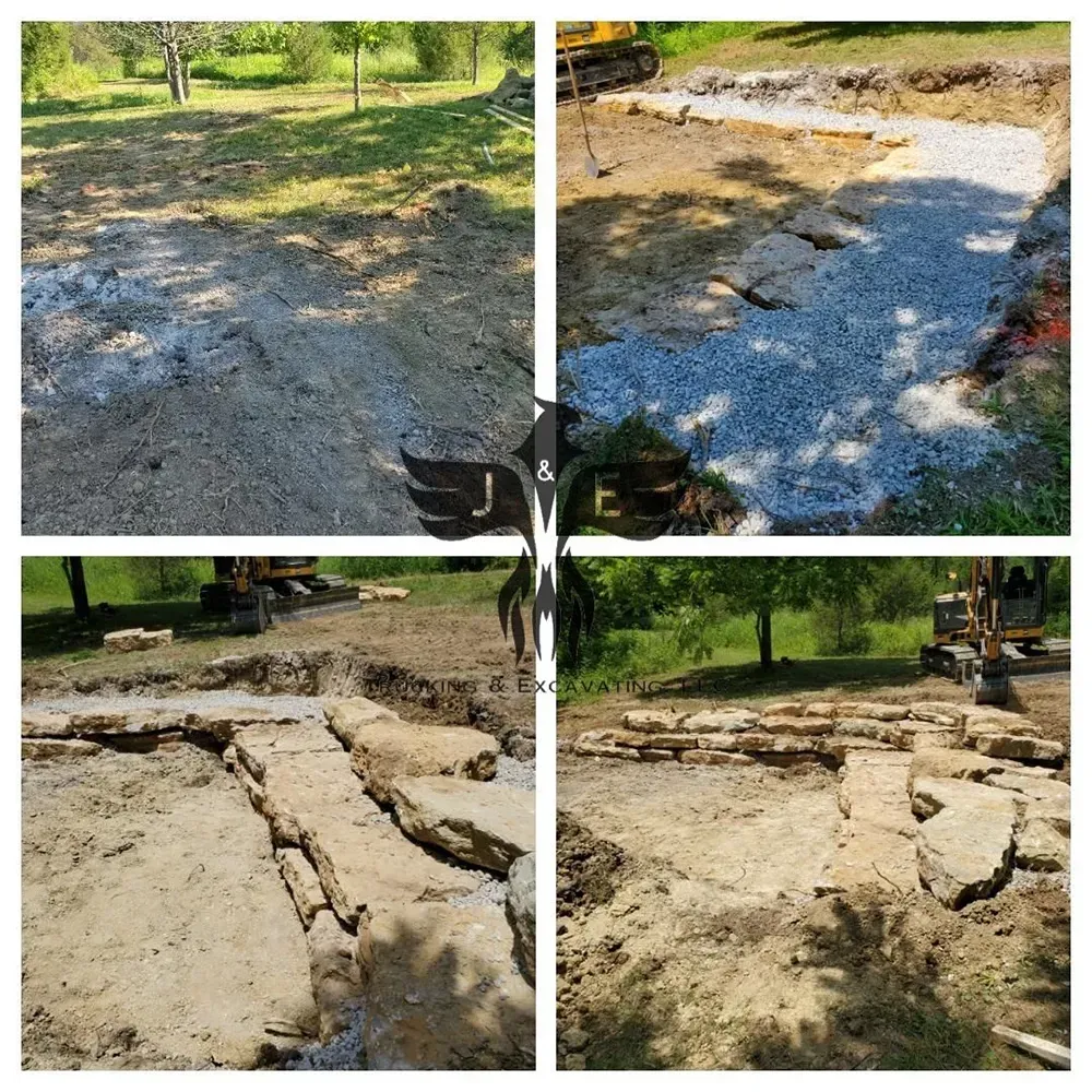 Four views of a sunlit dirt path with fresh gravel, rocks, and cracked stone slabs in a wooded area