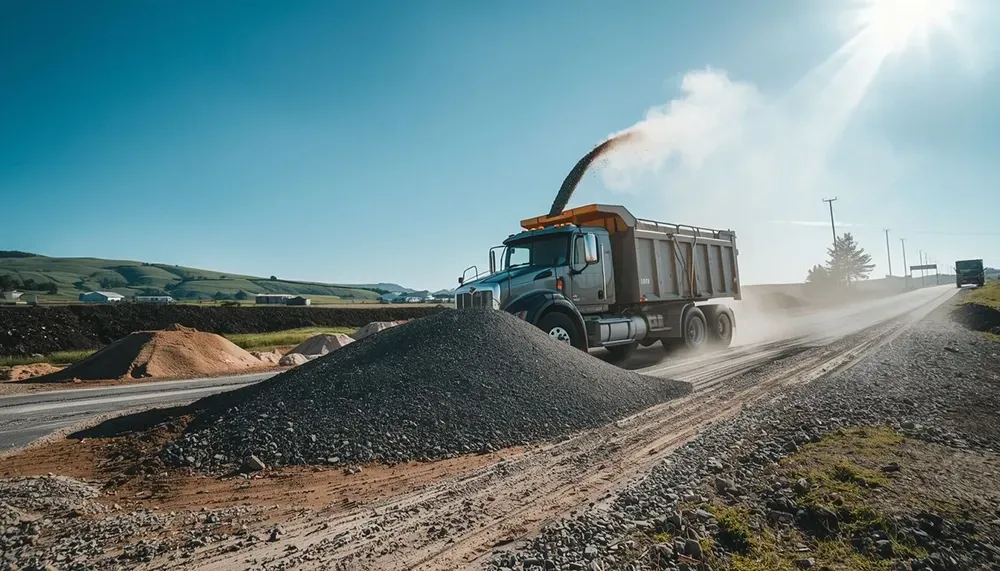 Construction truck dumping gravel on a roadwork site under bright sunlight.