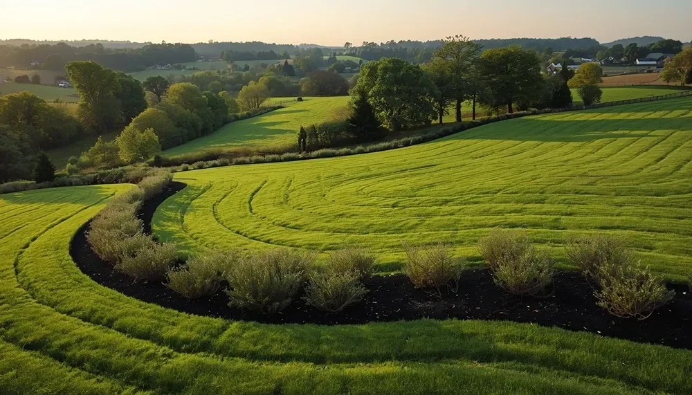 Lush green terraced fields in rolling countryside at sunrise, with trees and hedgerows.