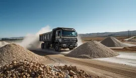 Dump truck driving through a dusty gravel quarry with piles of stones in the foreground