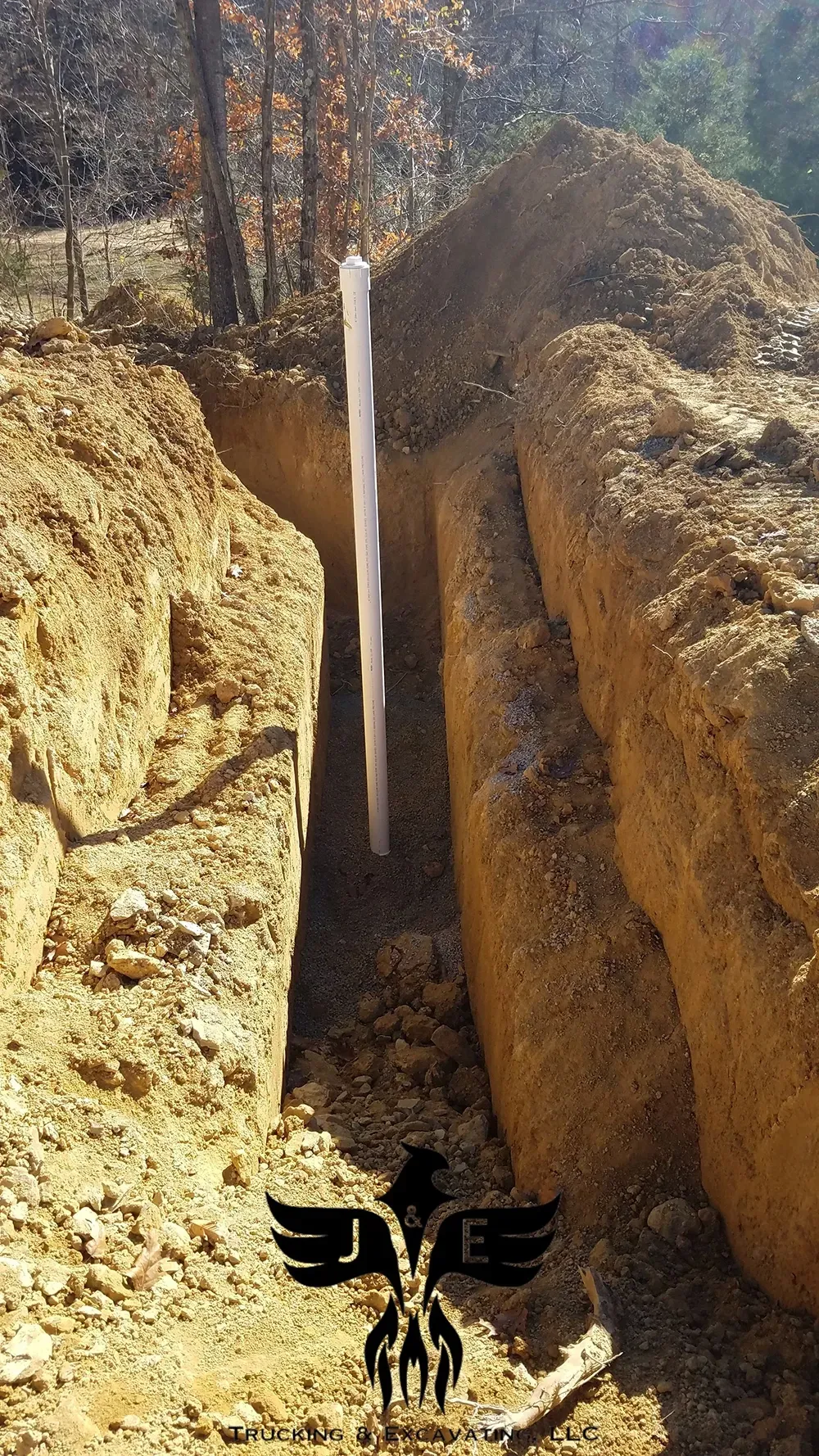 Narrow dirt trench with a white post and black eagle-like figure at the bottom, wooded background