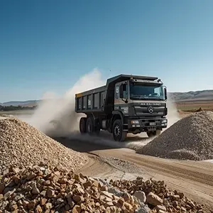 Dump truck driving through a dusty gravel quarry beside rock piles under a blue sky