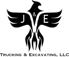 Black eagle logo with J and E, and text &ldquo;Trucking & Excavating, LLC&rdquo; below.