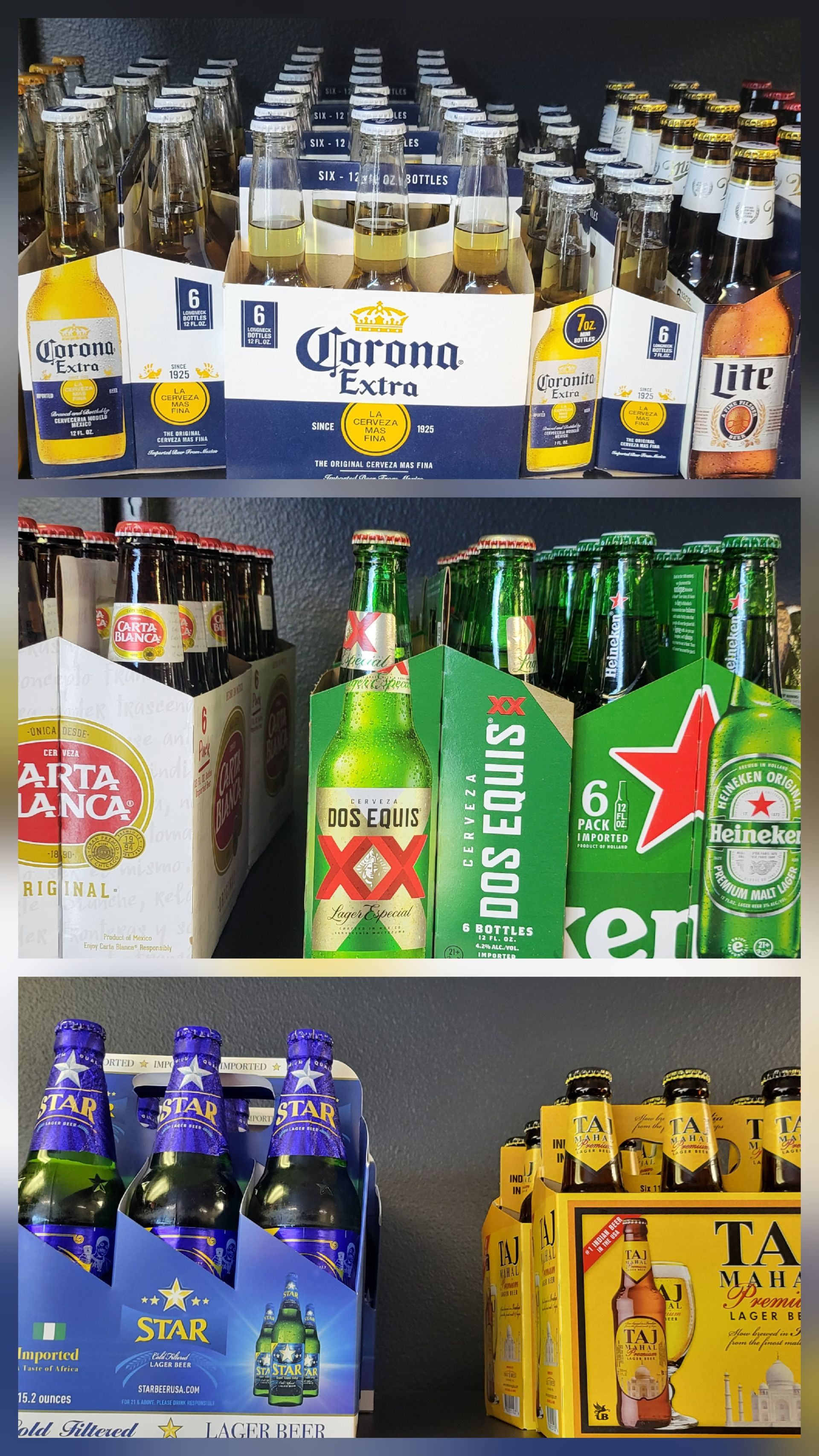 Shelves of assorted beer bottles and cartons, including Corona, Heineken, and Stella Artois, in a store.