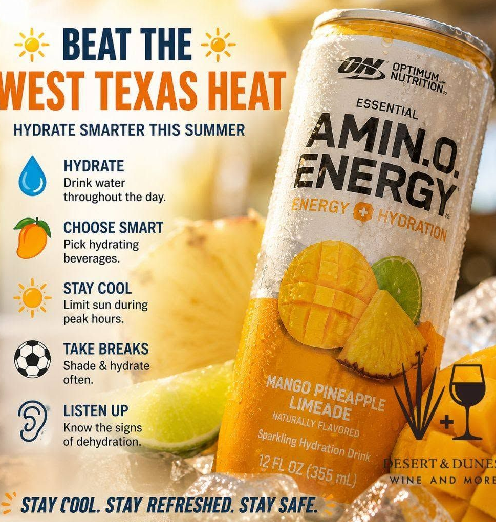 West Texas heat safety ad with Amino Energy can and hydration tips on a yellow desert backdrop