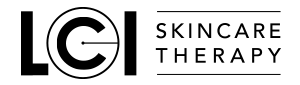 LCI skincare therapy logo: black letters and a graphic, text is in a box to the right.