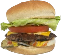 Hamburger with lettuce, tomato, cheese, and beef patty on a bun