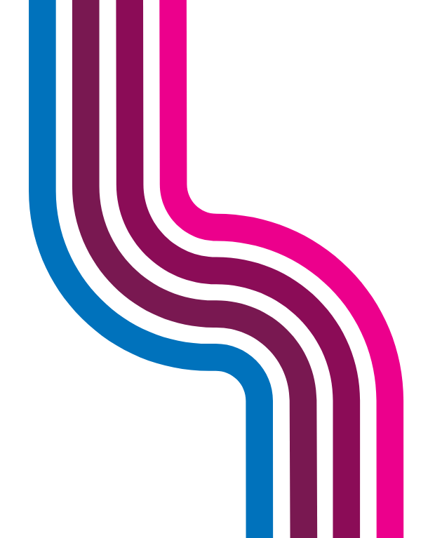 Abstract logo with four parallel curved lines in blue, purple, dark magenta, and pink on white background