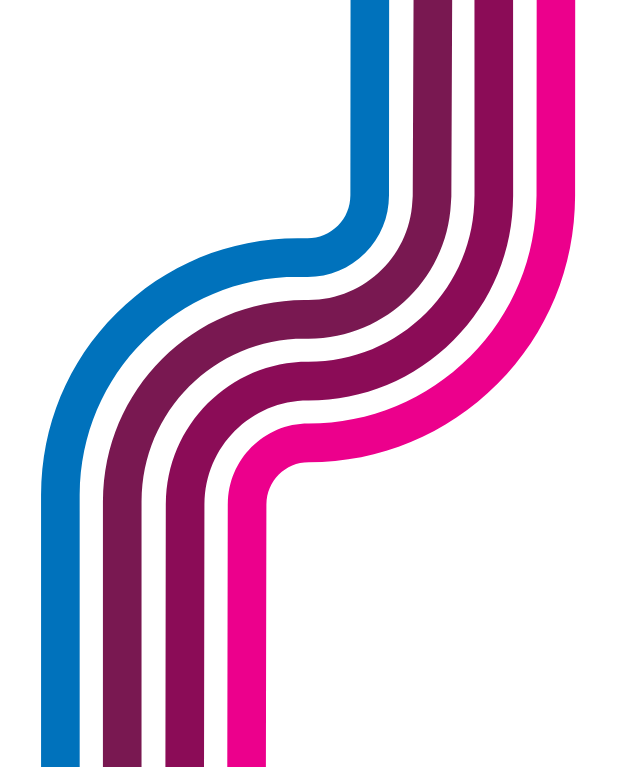 Abstract logo with parallel curved lines in blue, purple, and magenta on a white background