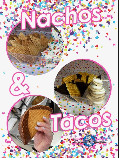 Collage of nachos and tacos with pink text and confetti on a white background