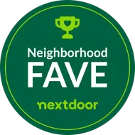 Green circular badge reading “Neighborhood FAVE” with nextdoor logo and trophy icon.