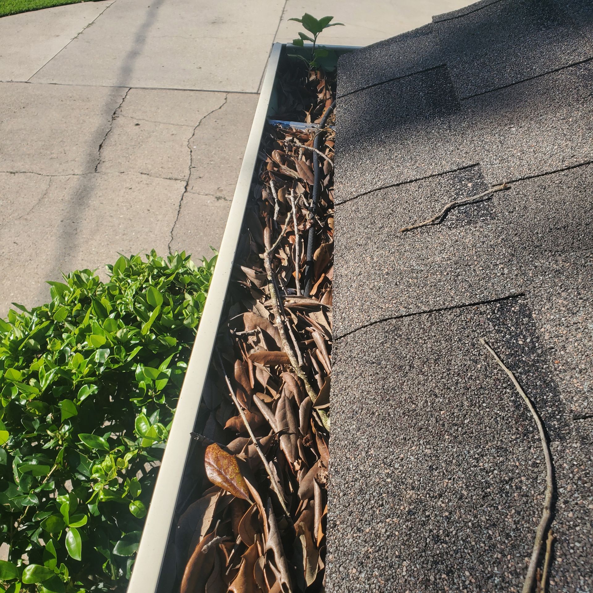 Handheld power washer cleaning a sloped roof along a narrow side walkway