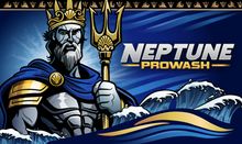 Neptune Prowash logo with a crowned sea king holding a trident amid blue ocean waves