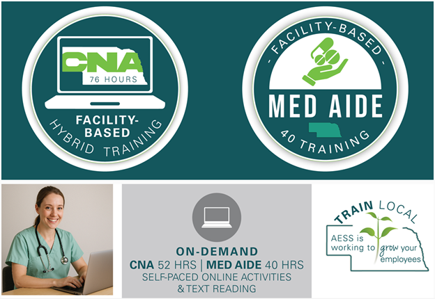 Promotional graphic for healthcare training. Features CNA and Med Aide program logos, a smiling woman, and text about online and local training.