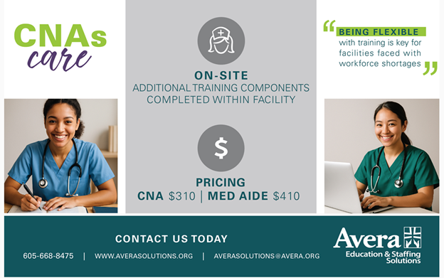 Advertisement for CNA and Med Aide training, featuring healthcare workers, pricing, and contact information.
