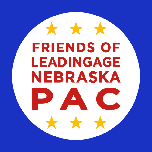 Friends of Leadingage Nebraska PAC logo: white circle with red text and gold stars on blue background.