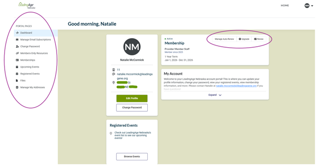 Sample image of member portal on LeadingAge Nebraska website.