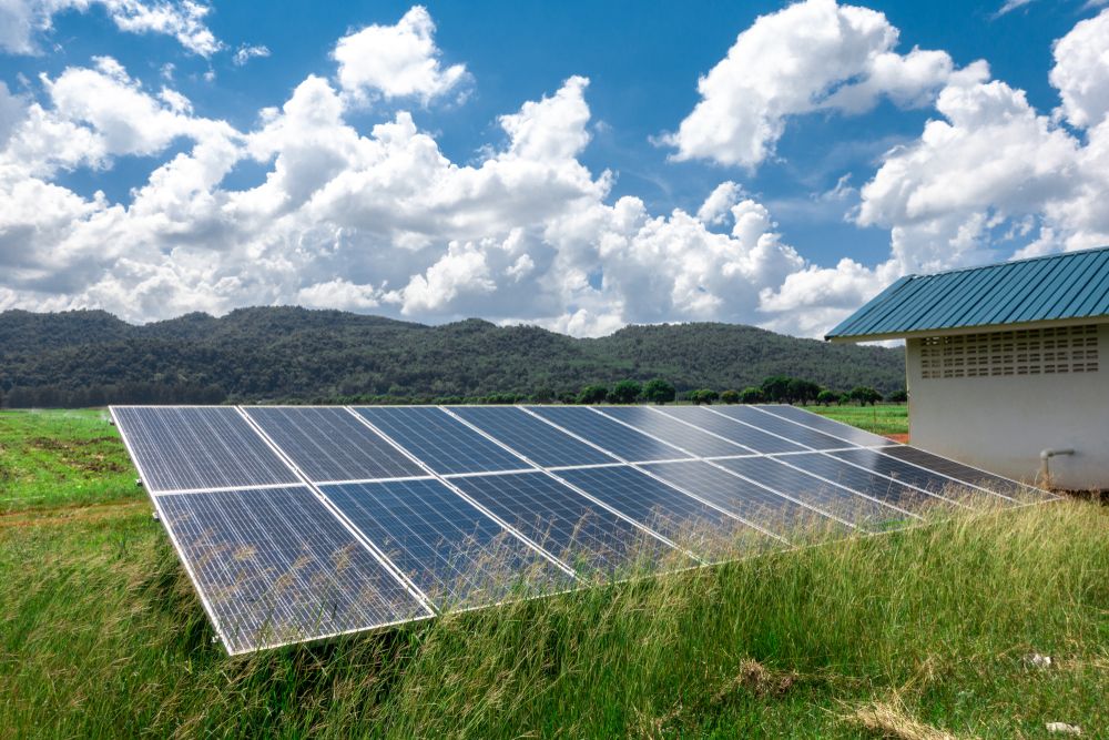 A Row of Solar Panels in a Grassy Field With Mountains in the Background — Spot On Solar International in Lake Macquarie, NSW