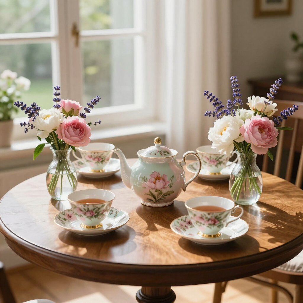 Floral tea set with pastel cups and teapot on a sunlit wooden table by a window