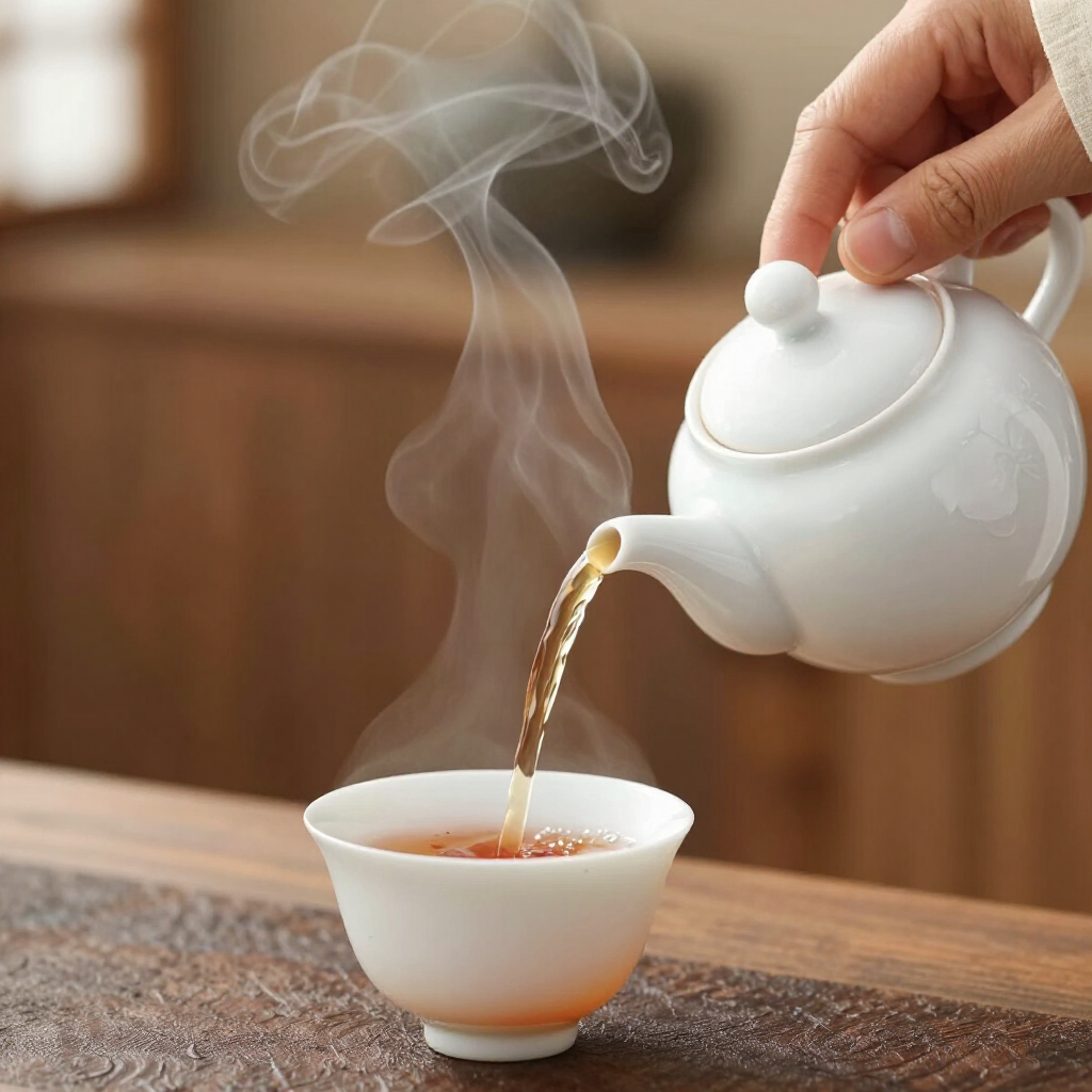 White teapot pouring steaming tea into a white cup on a wooden table
