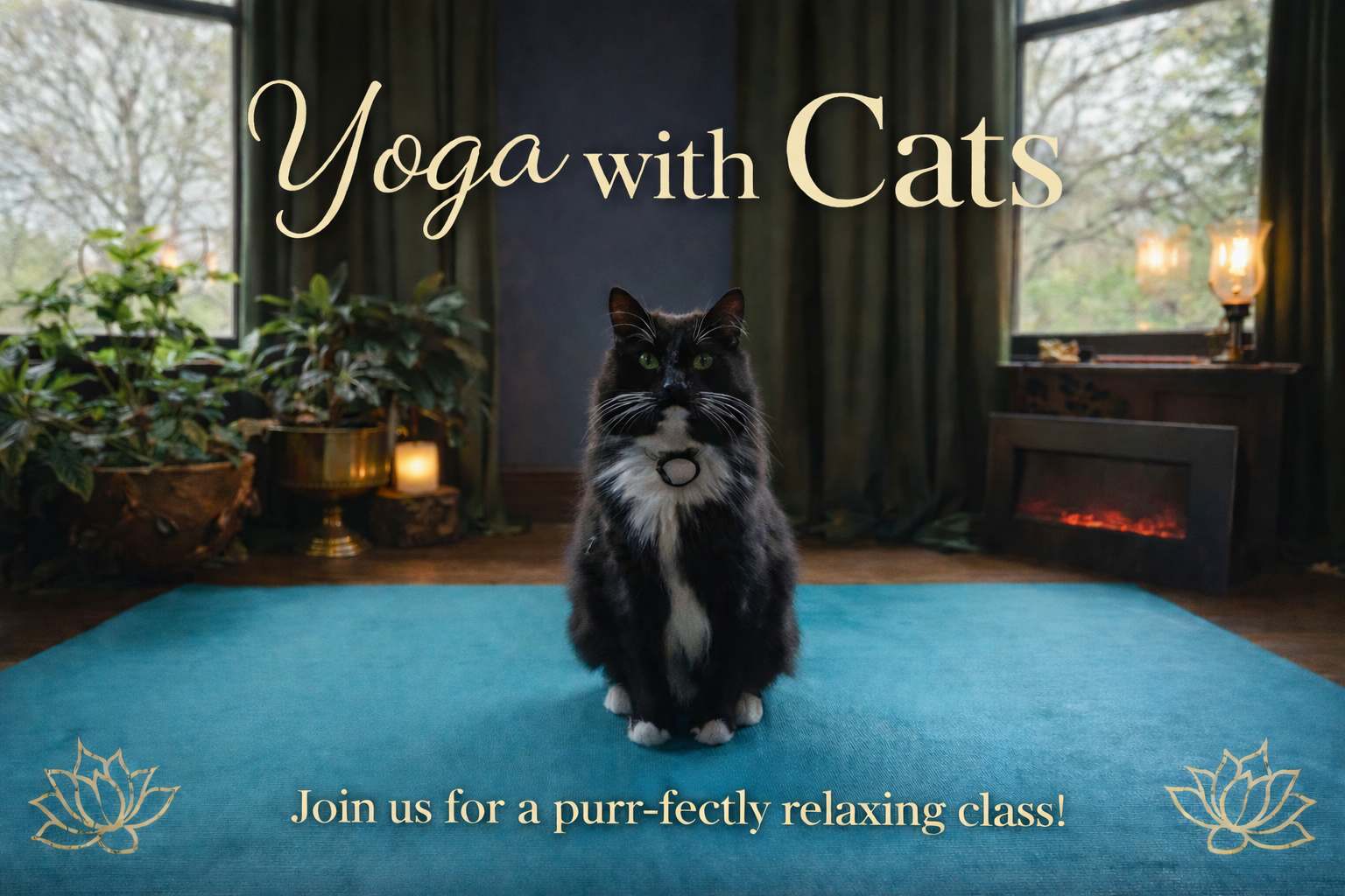 Black cat on blue mat in a cozy room, with text “Yoga with Cats” and “Join us for a purr-fectly relaxing class.”
