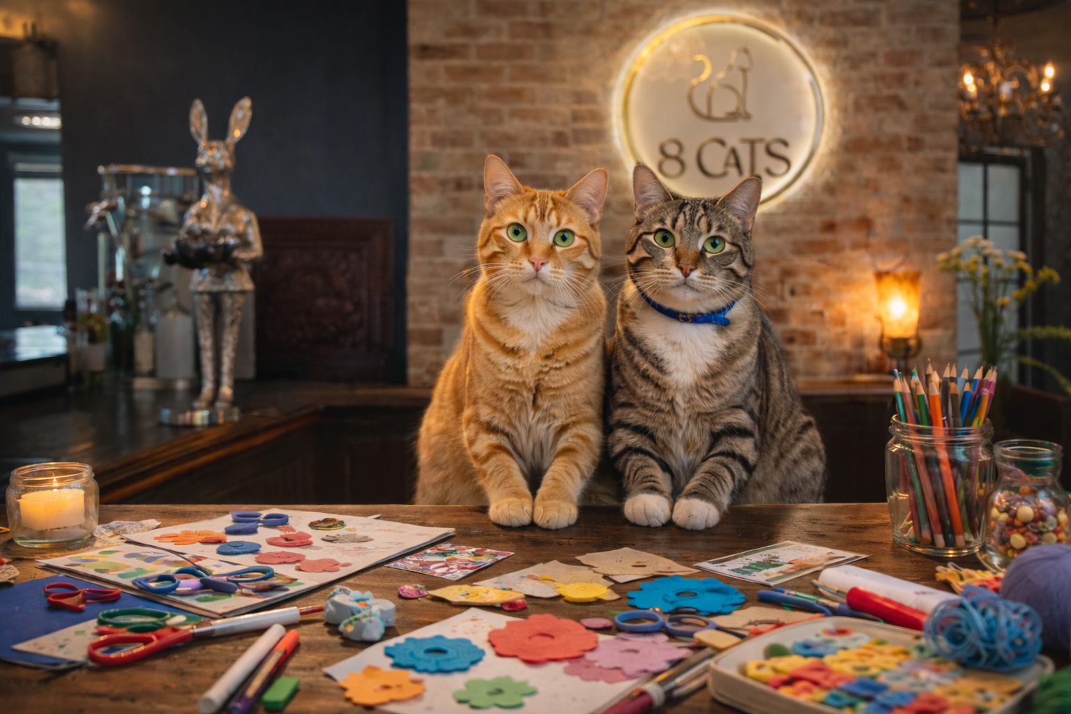 Two tabby cats on a table with colorful flower-shaped crafts in a cozy shop or studio