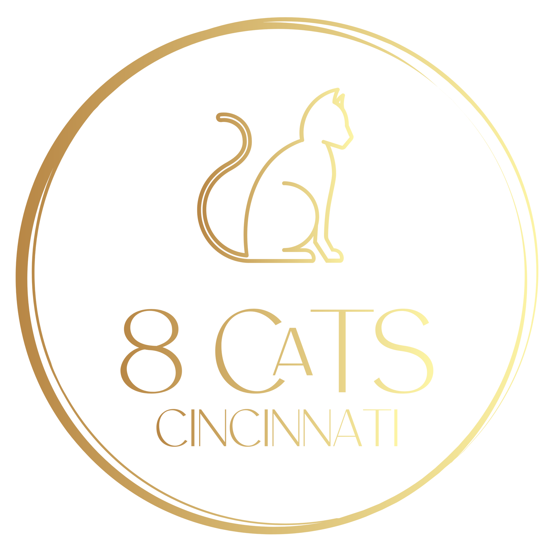 Golden logo: Cat silhouette inside a circle, with 