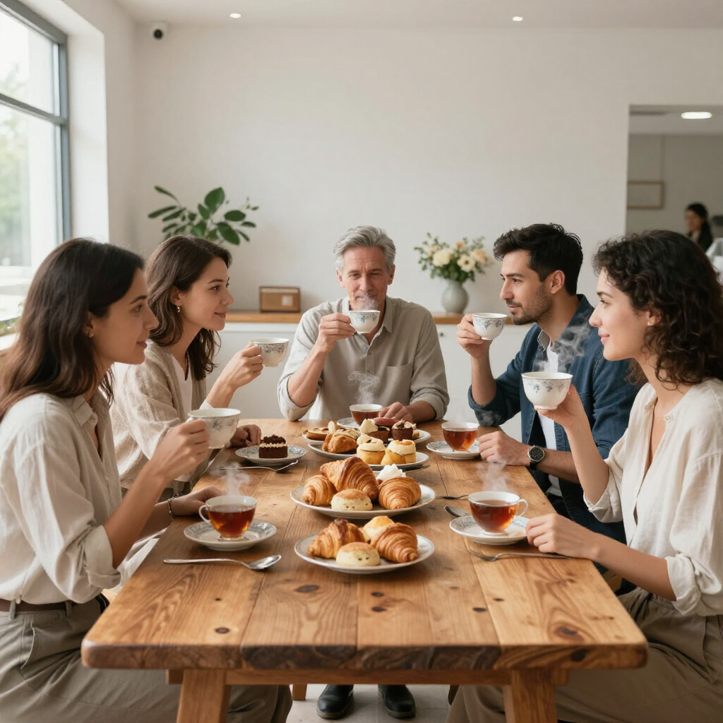 Five people sharing tea and pastries around a wooden table in a bright dining room