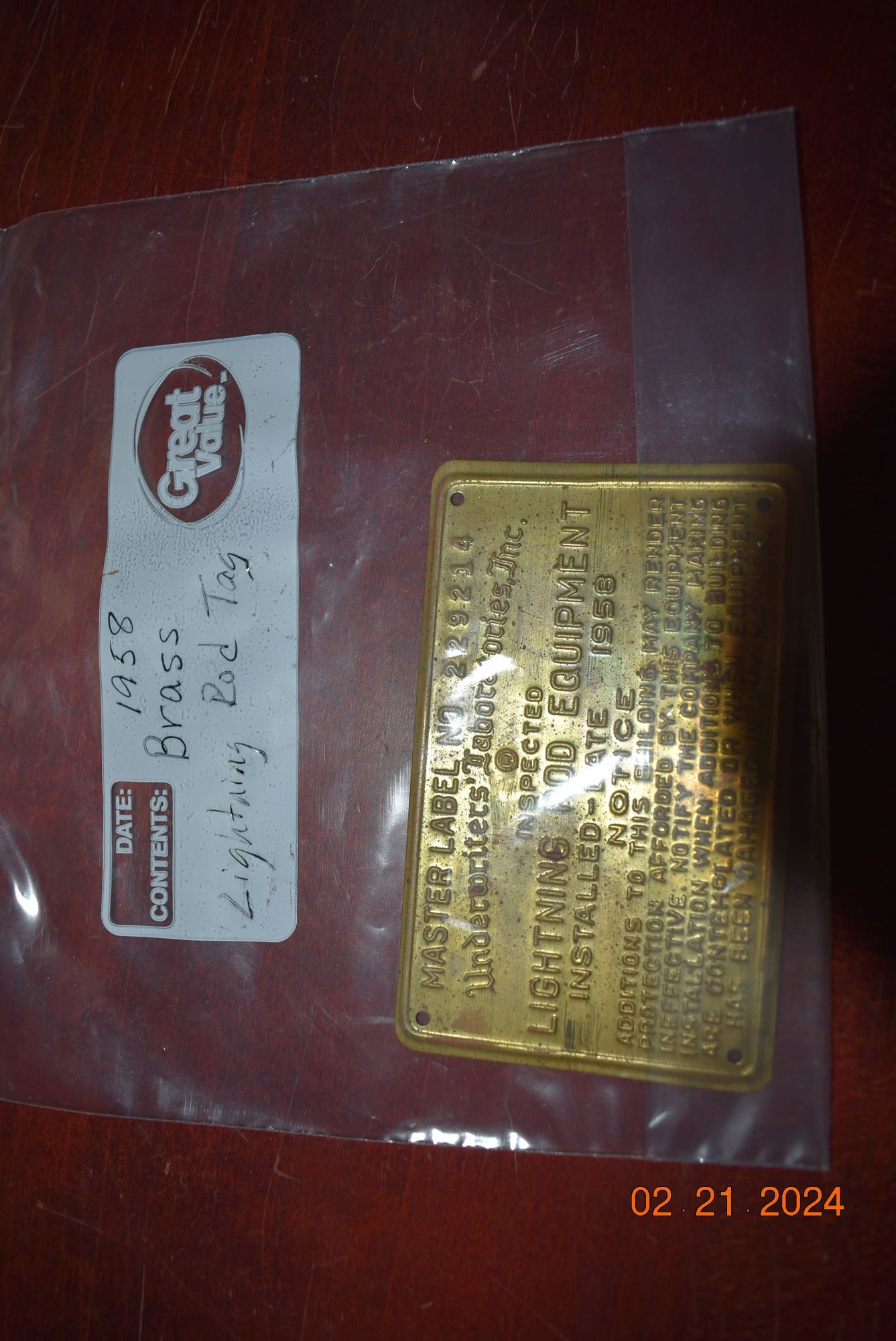 1958 antique brass lightning rod tag