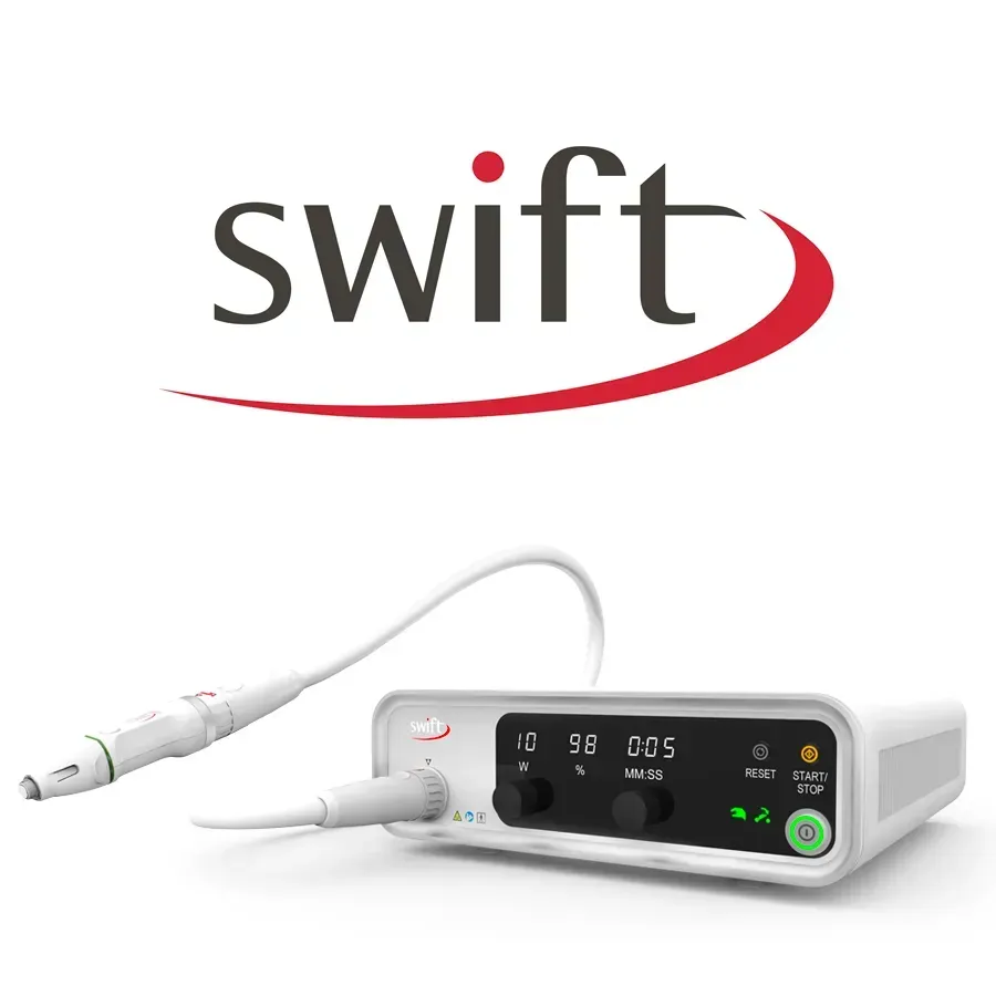 Swift device with logo above; white console, probe, and cable.