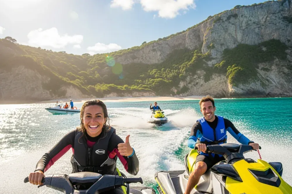 Two friends giving a thumbs-up while on a guided jet ski tour near South Stradbroke Island - Fun for friends? Two friends giving a thumbs-up while on a guided jet ski tour near South Stradbroke Island - Fun for friends?