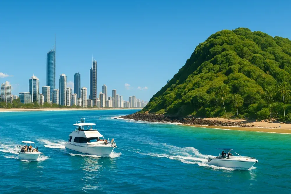Gold Coast skyline from the water, with boats cruising near Burleigh Heads - Boat hire Burleigh Heads Gold Coast skyline from the water, with boats cruising near Burleigh Heads - Boat hire Burleigh Heads