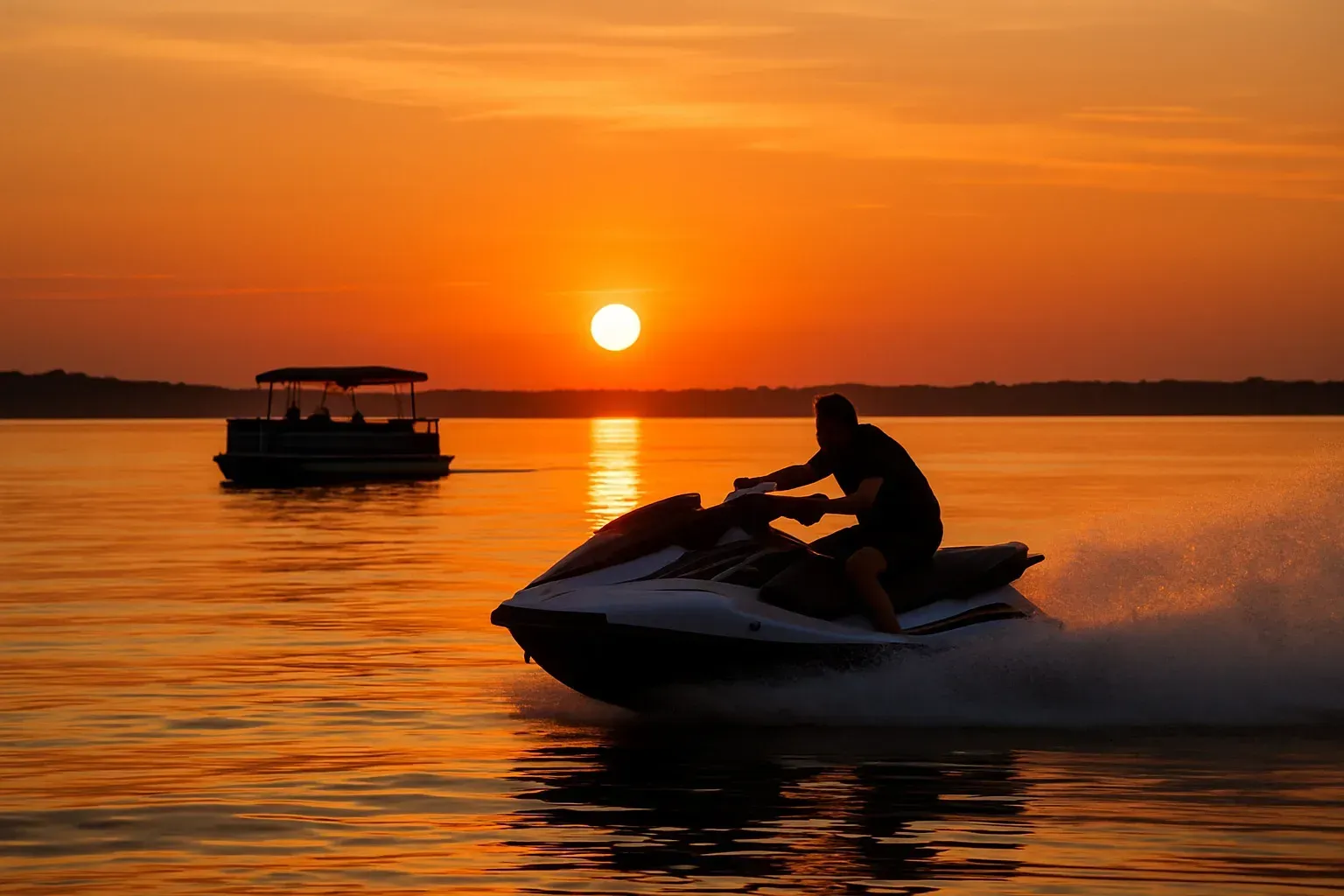 jet ski speeding across the water with a pontoon boat in the background against a sunset - pontoon boat hire