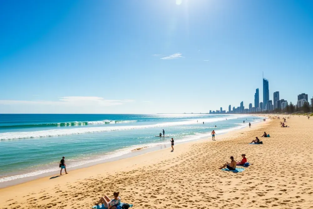 A sunny, uncrowded Gold Coast beach in August, inviting relaxation and water activities - Pontoon boat cookout A sunny, uncrowded Gold Coast beach in August, inviting relaxation and water activities - Pontoon boat cookout