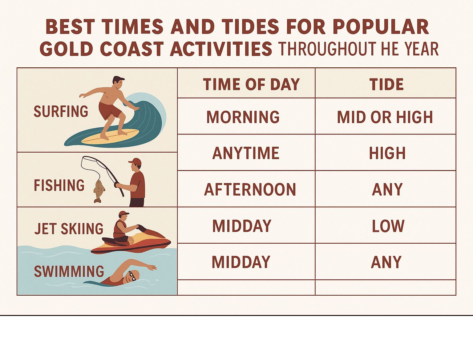 Table showing best times and tides for Gold Coast activities: surfing, fishing, jet skiing, and swimming.