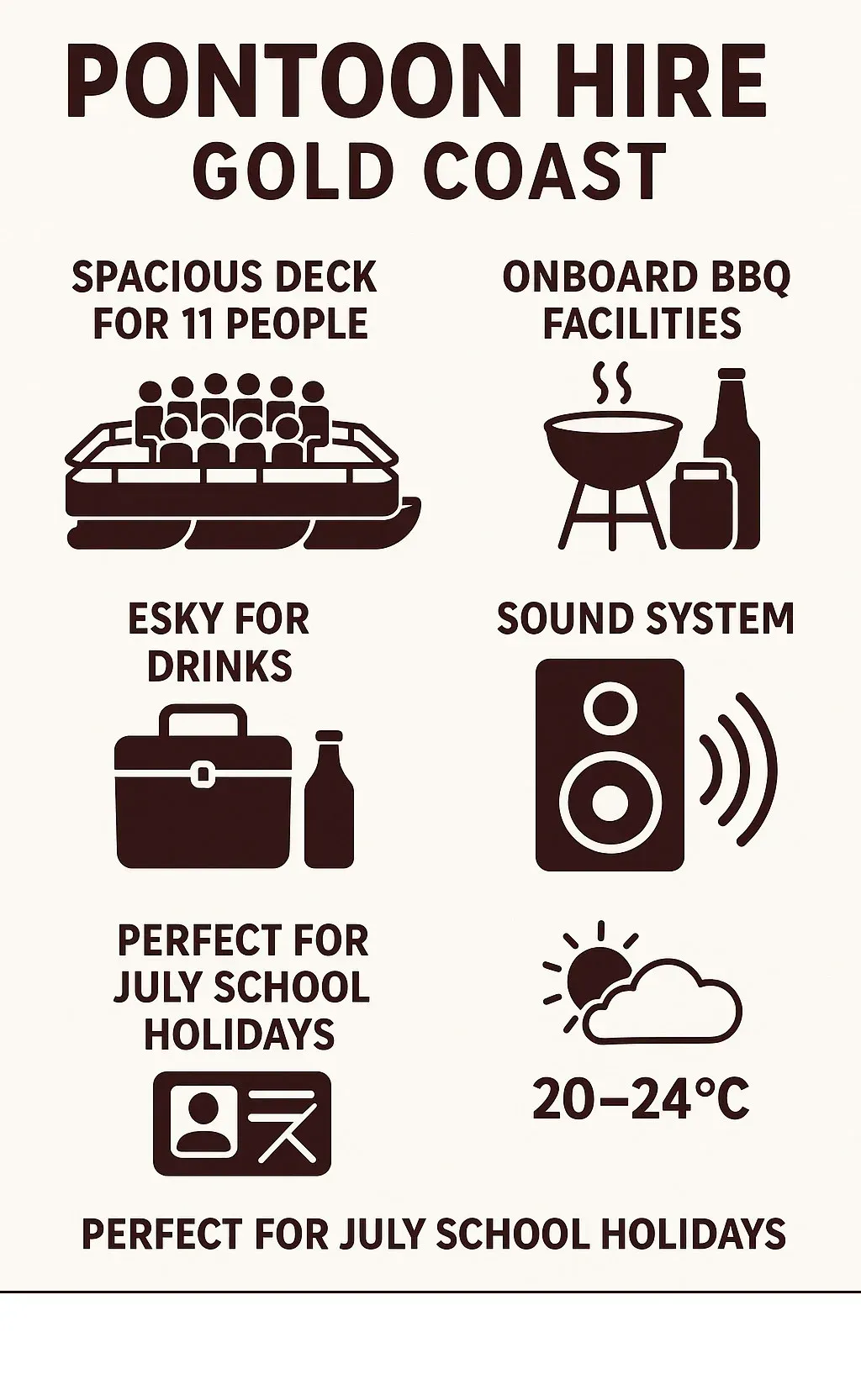 Infographic showing pontoon boat features including spacious deck for 11 people, onboard BBQ facilities, esky for drinks, sound system, no license required, and perfect for July school holidays with mild weather conditions - pontoon hire gold coast infographic Infographic showing pontoon boat features including spacious deck for 11 people, onboard BBQ facilities, esky for drinks, sound system, no license required, and perfect for July school holidays with mild weather conditions - pontoon hire gold coast infographic