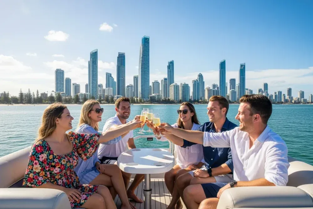 Group of friends raising a toast on a pontoon with the Surfers Paradise skyline in the background - Pontoon Gold Coast Group of friends raising a toast on a pontoon with the Surfers Paradise skyline in the background - Pontoon Gold Coast
