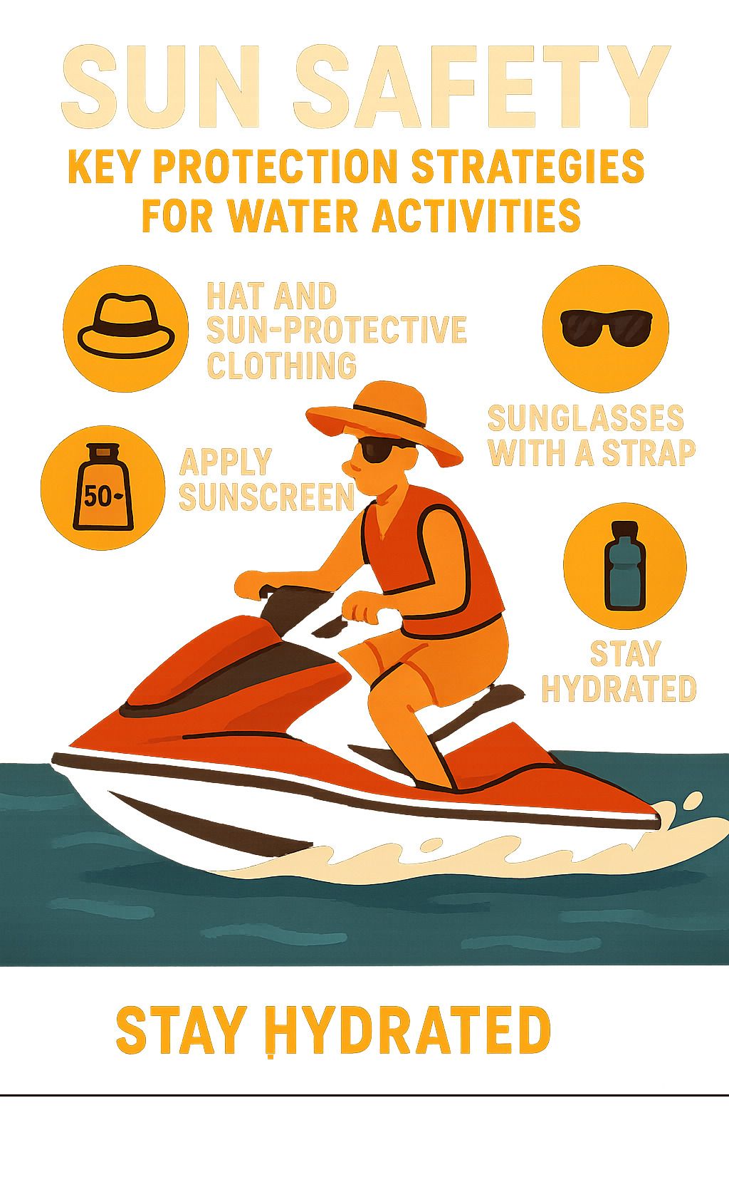 Sun safety tips for water activities: person on jet ski wearing hat, sunglasses, applying sunscreen, staying hydrated.