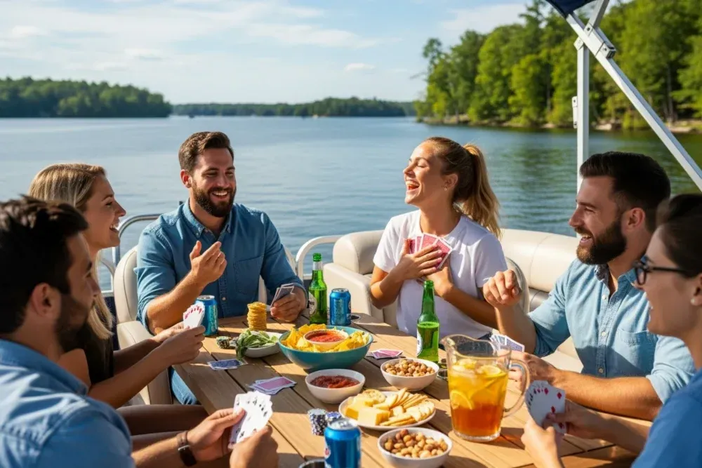 Friends playing a card game on a pontoon boat table, with snacks and drinks - Fun for friends? Friends playing a card game on a pontoon boat table, with snacks and drinks - Fun for friends?