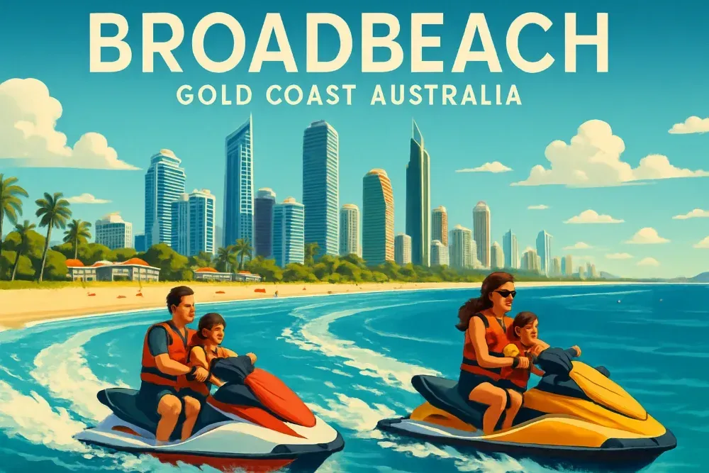 Broadbeach skyline and waterways with jet skis in action, showcasing Gold Coast tourism and family fun - Jet ski hire Broadbeach Broadbeach skyline and waterways with jet skis in action, showcasing Gold Coast tourism and family fun - Jet ski hire Broadbeach