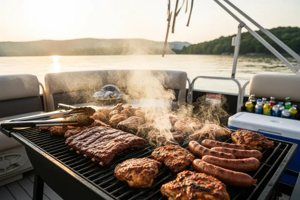 Delicious BBQ sizzling on a pontoon boat grill - gold coast day tours Delicious BBQ sizzling on a pontoon boat grill - gold coast day tours