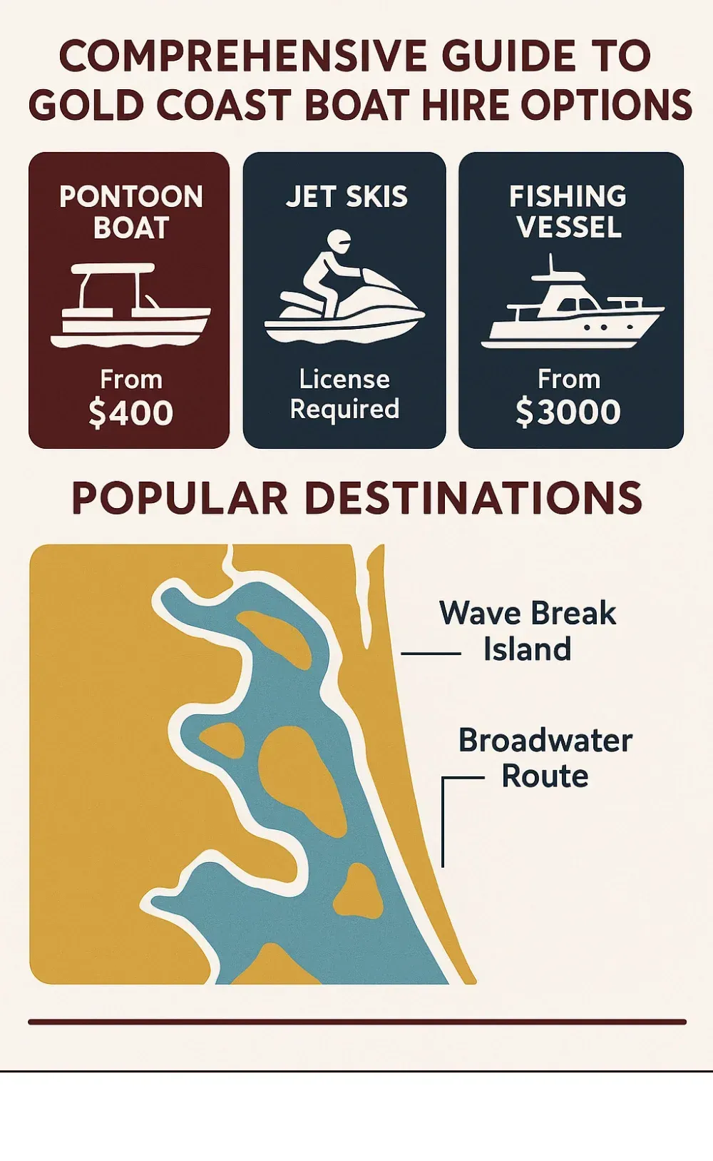 Comprehensive guide to Gold Coast boat hire options showing pontoon boats, jet skis, fishing vessels, and luxury charters with pricing tiers, licence requirements, and popular destinations including Wave Break Island and Broadwater routes - Boat hire Burleigh Heads infographic Comprehensive guide to Gold Coast boat hire options showing pontoon boats, jet skis, fishing vessels, and luxury charters with pricing tiers, licence requirements, and popular destinations including Wave Break Island and Broadwater routes - Boat hire Burleigh Heads infographic