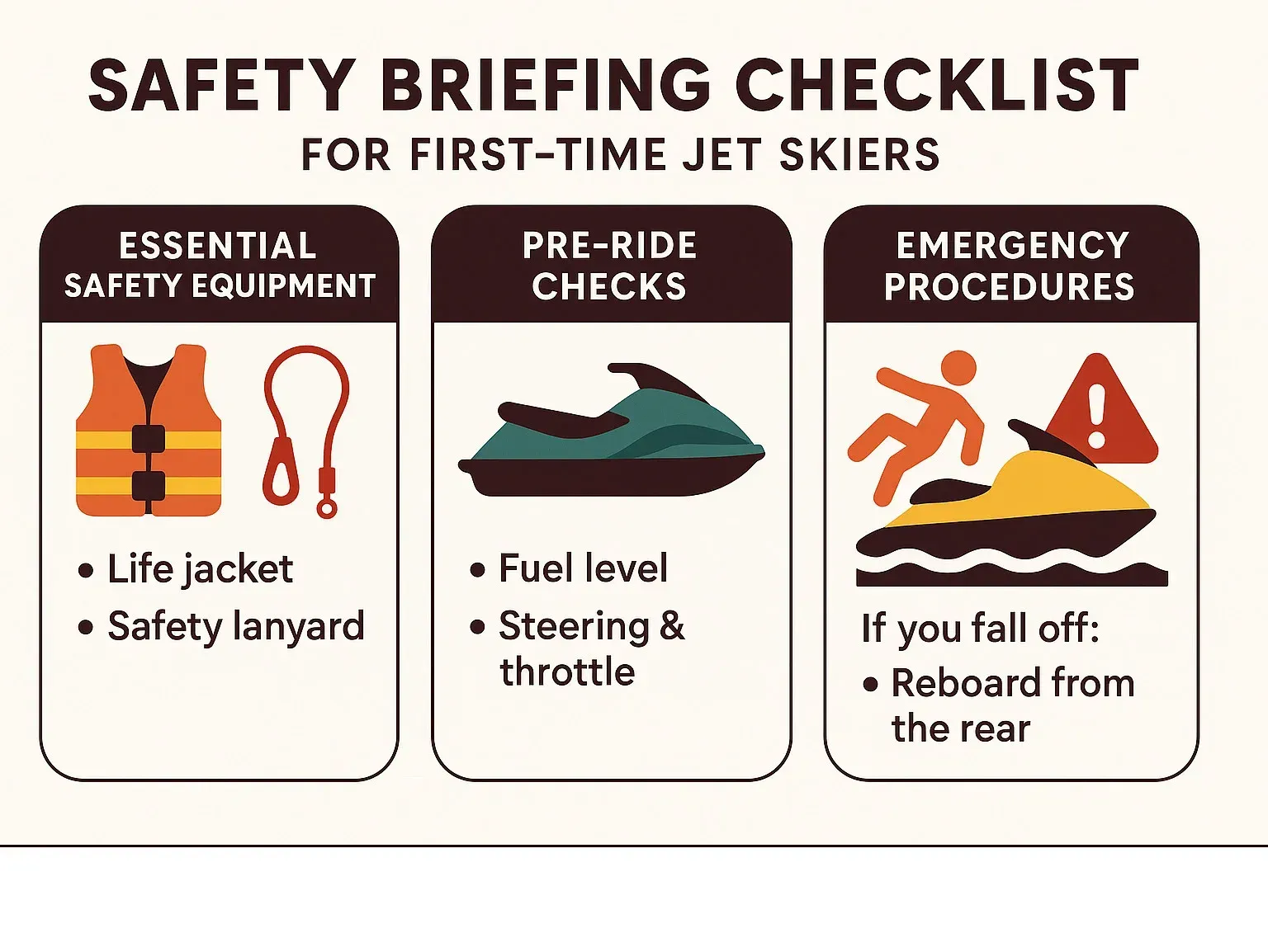 Safety Briefing Checklist for First-Time Jet Skiers showing essential safety equipment, pre-ride checks, and emergency procedures - jet ski tours for beginners infographic 