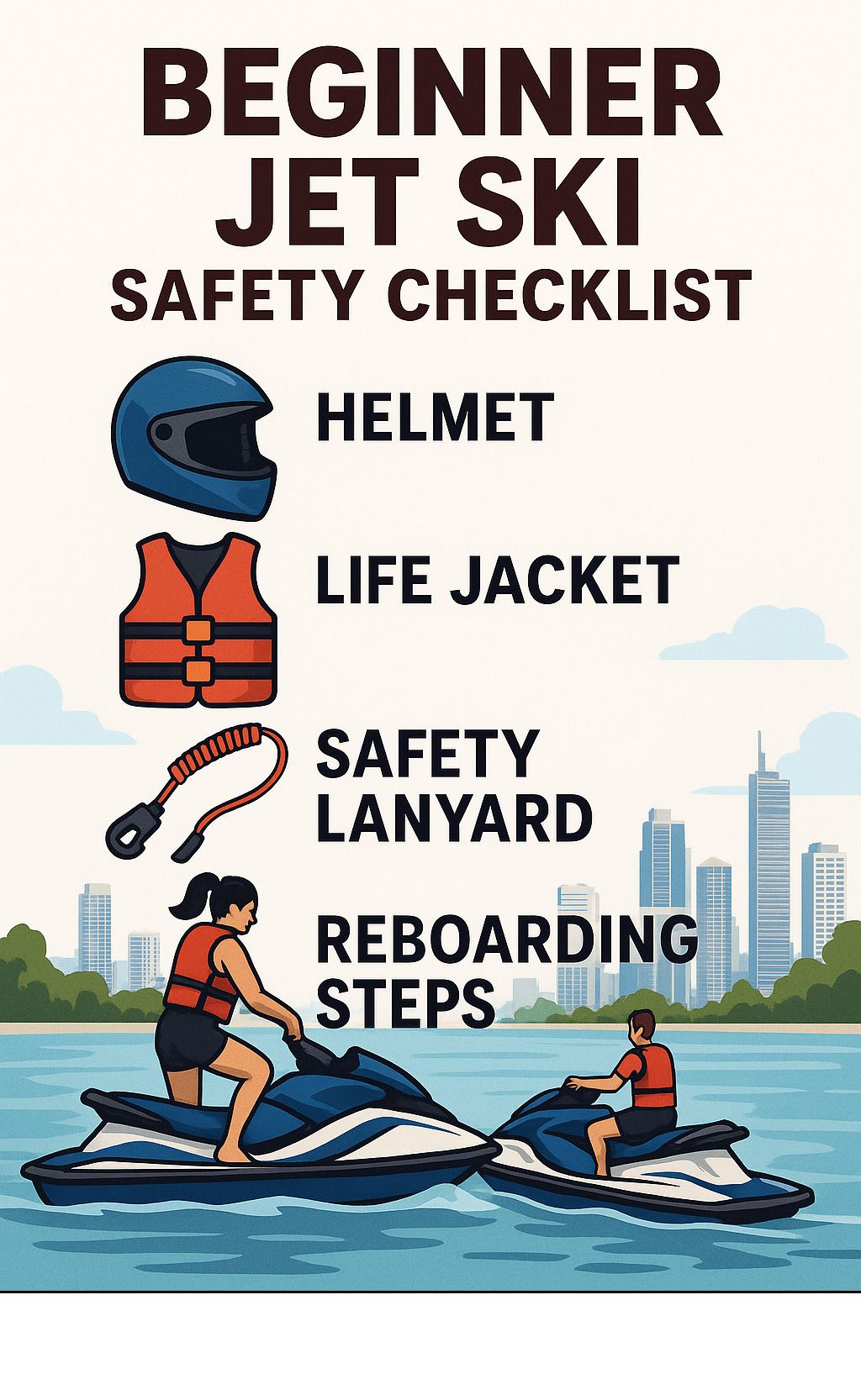 Infographic showing beginner jet ski safety checklist with helmet, life jacket, safety lanyard, and reboarding steps illustrated with Gold Coast waterway backdrop - best jet skis for beginners infographic Infographic showing beginner jet ski safety checklist with helmet, life jacket, safety lanyard, and reboarding steps illustrated with Gold Coast waterway backdrop - best jet skis for beginners infographic