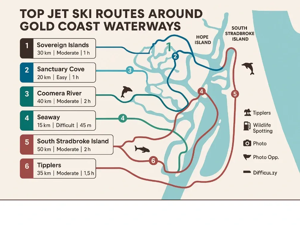 Detailed map showing the top six jet ski routes around Gold Coast waterways, including distance markers, wildlife spotting areas, fuel stops, photo opportunities, difficulty levels, and estimated ride times for each route - hire a jet ski gold coast infographic Detailed map showing the top six jet ski routes around Gold Coast waterways, including distance markers, wildlife spotting areas, fuel stops, photo opportunities, difficulty levels, and estimated ride times for each route - hire a jet ski gold coast infographic
