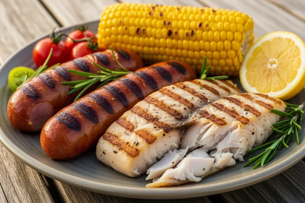 Delicious grilled food on a plate, including sausages, corn, and fresh fish - Pontoon boat cookout Delicious grilled food on a plate, including sausages, corn, and fresh fish - Pontoon boat cookout