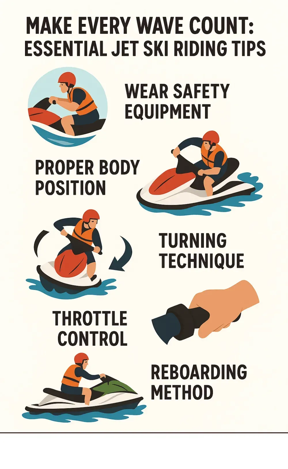 Essential jet ski riding tips showing proper body position, turning technique, throttle control, safety equipment, and reboarding methods - jet ski riding tips infographic Essential jet ski riding tips showing proper body position, turning technique, throttle control, safety equipment, and reboarding methods - jet ski riding tips infographic